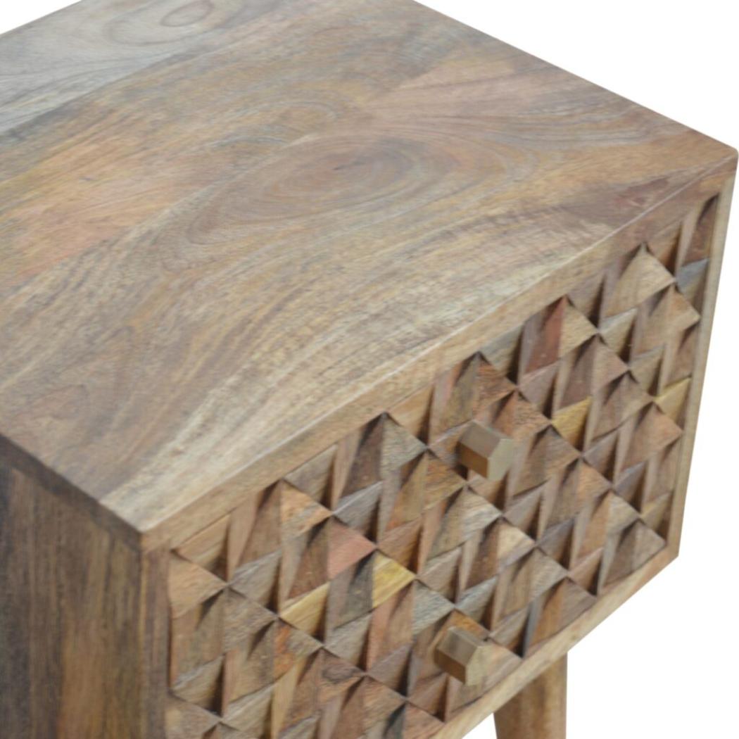 Diamond Carved 2 Drawer Bedside Table | Geometric Detail | Bedroom Storage