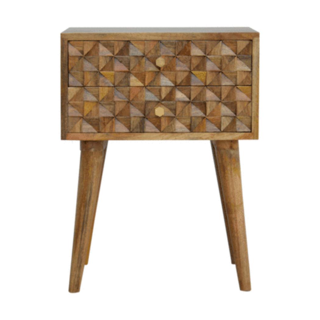 Diamond Carved 2 Drawer Bedside Table | Geometric Detail | Bedroom Storage