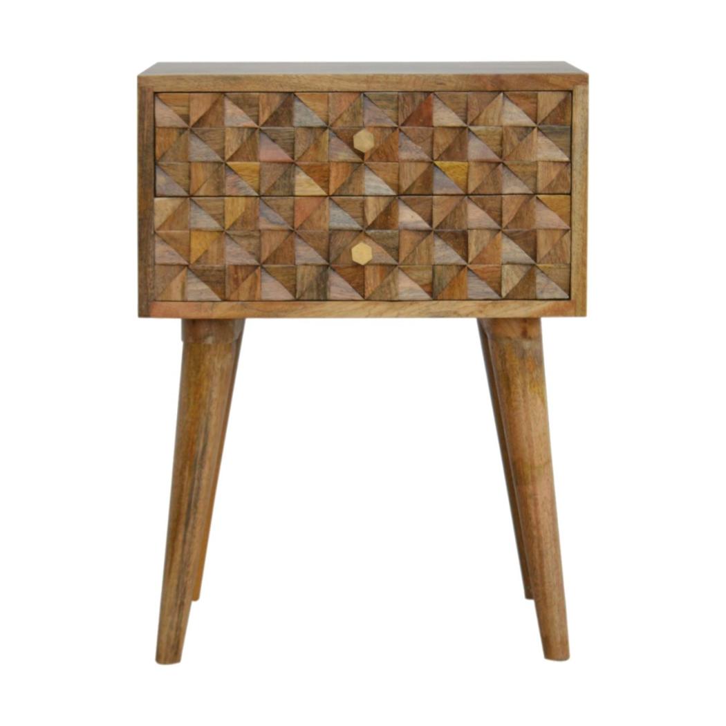 Diamond Carved 2 Drawer Bedside Table | Geometric Detail | Bedroom Storage