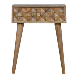 Diamond Carved Bedside Table | Hand-Carved Mango Wood Design | Oak Finish Bedroom Furniture