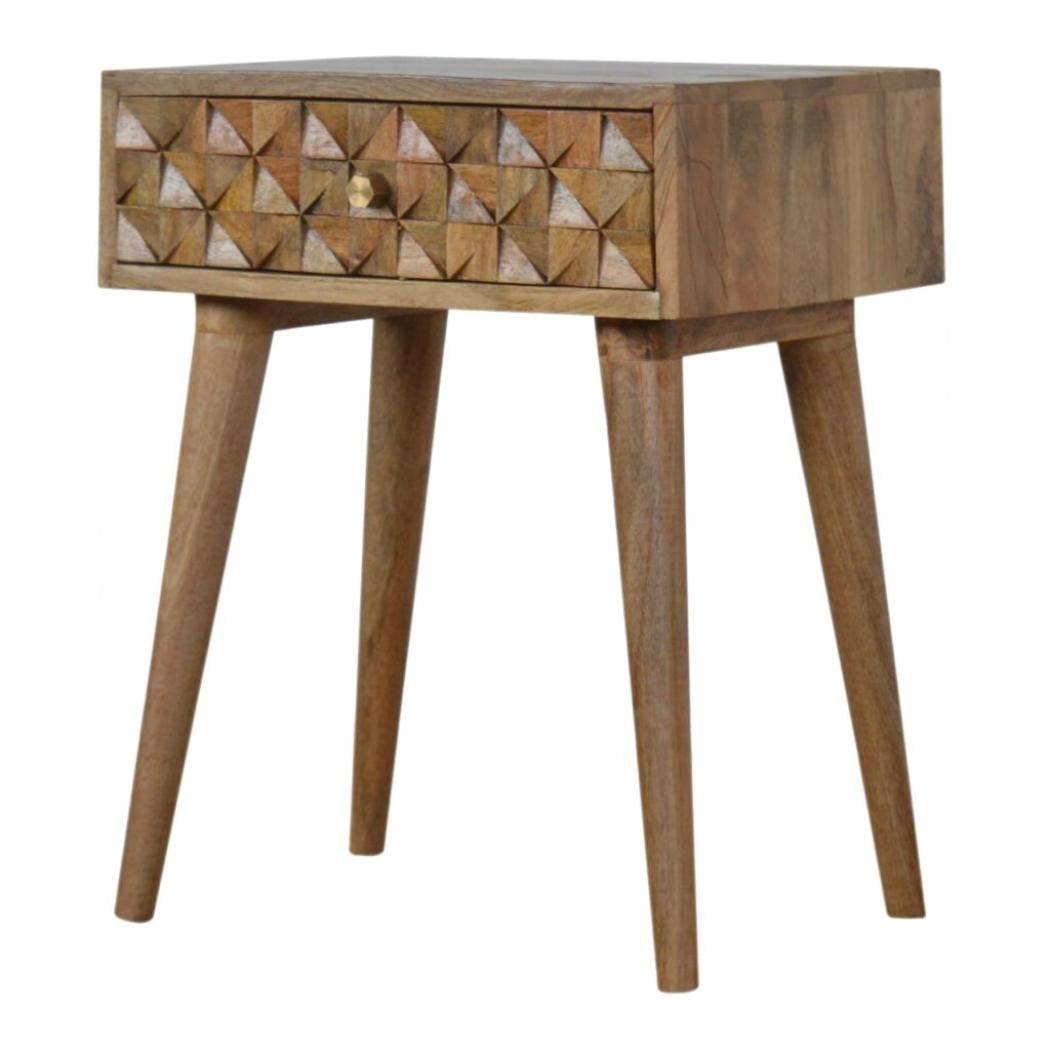 Diamond Carved Bedside Table | Hand-Carved Mango Wood Design | Oak Finish Bedroom Furniture