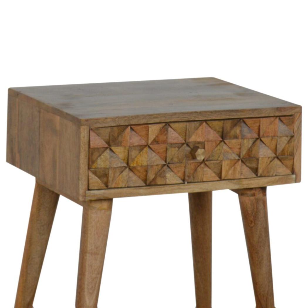 Diamond Carved Bedside Table | Hand-Carved Mango Wood Design | Oak Finish Bedroom Furniture