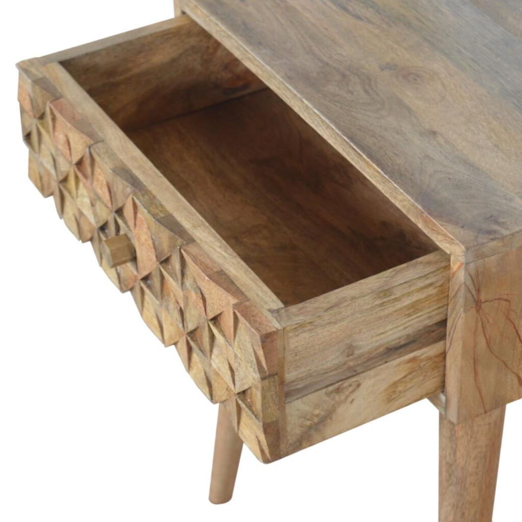 Diamond Carved Bedside Table | Hand-Carved Mango Wood Design | Oak Finish Bedroom Furniture