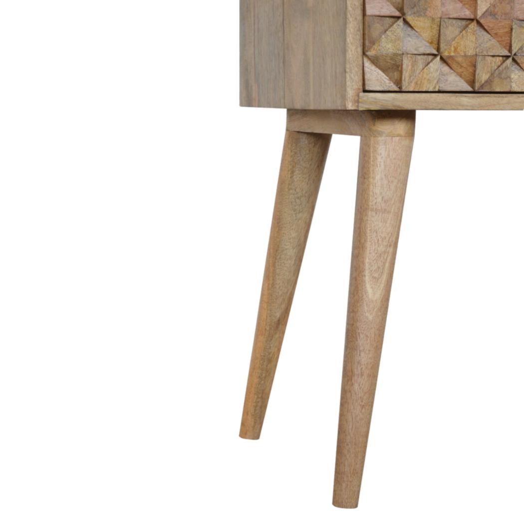 Diamond Carved Bedside Table | Hand-Carved Mango Wood Design | Oak Finish Bedroom Furniture