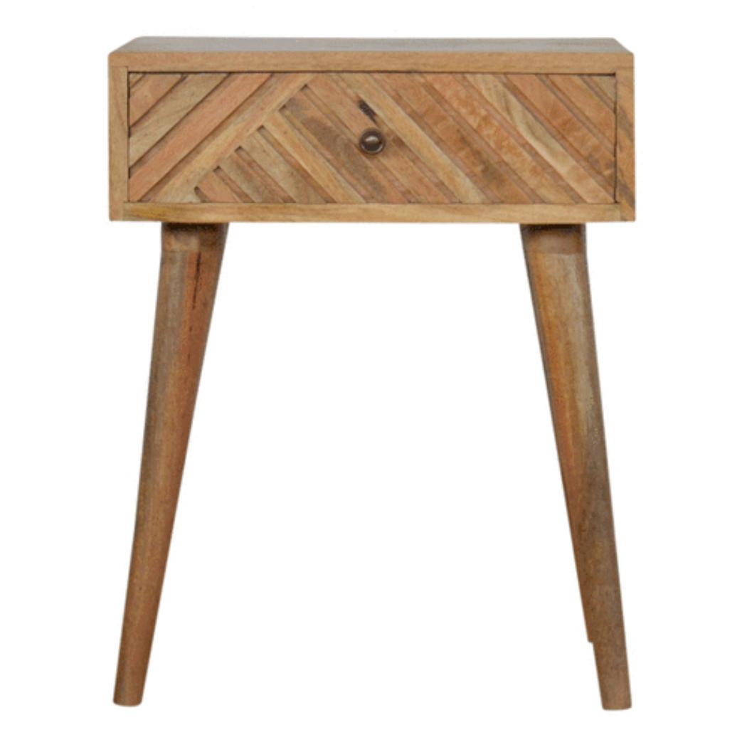 Diamond Carved Bedside Table | Hand-Carved Mango Wood Design | Oak Finish Bedroom Furniture