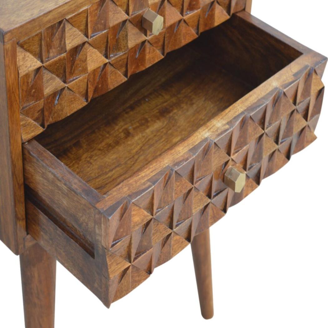 Diamond Carved Chestnut Bedside Table | Distinctive Detail | Versatile Home Furniture