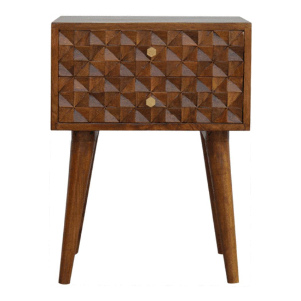 Diamond Carved Chestnut Bedside Table | Distinctive Detail | Versatile Home Furniture