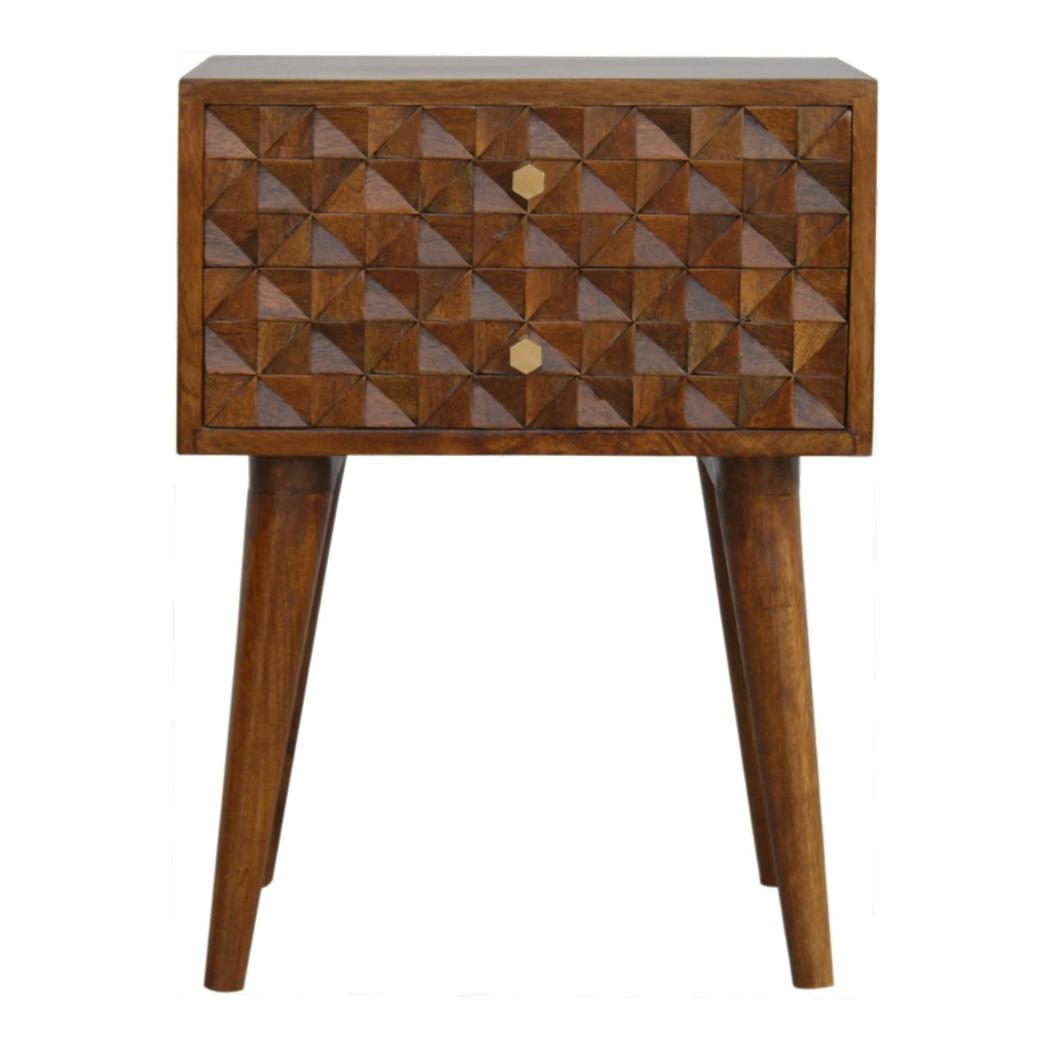 Diamond Carved Chestnut Bedside Table | Distinctive Detail | Versatile Home Furniture