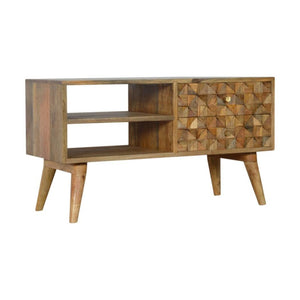 Diamond Carved Oak-ish Media Unit | Geometric Detail | Living Room Furniture