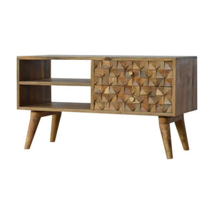 Diamond Carved Oak-ish Media Unit | Geometric Detail | Living Room Furniture