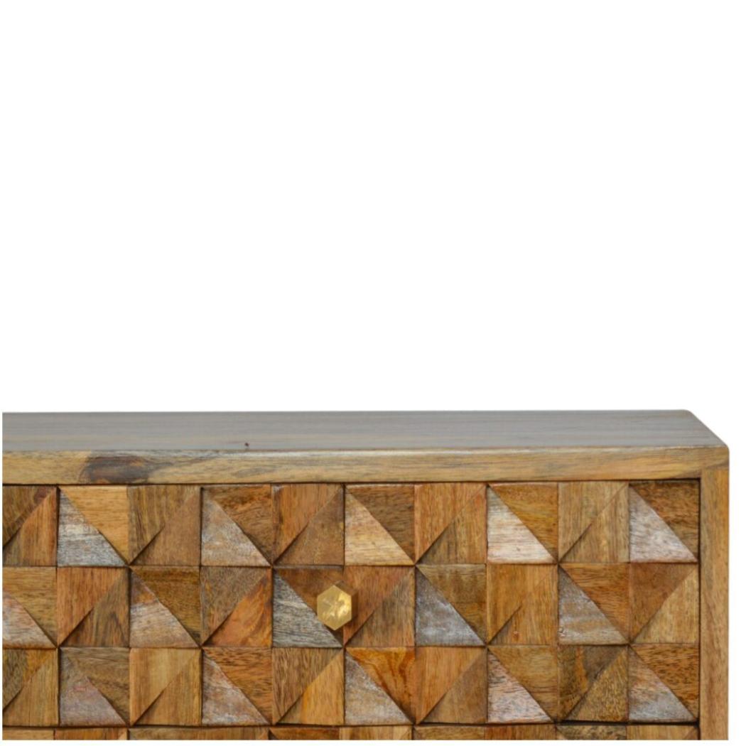 Diamond Carved Oak-ish Media Unit | Geometric Detail | Living Room Furniture
