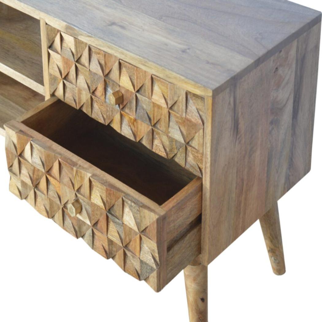 Diamond Carved Oak-ish Media Unit | Geometric Detail | Living Room Furniture