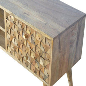 Diamond Carved Oak-ish Media Unit | Geometric Detail | Living Room Furniture