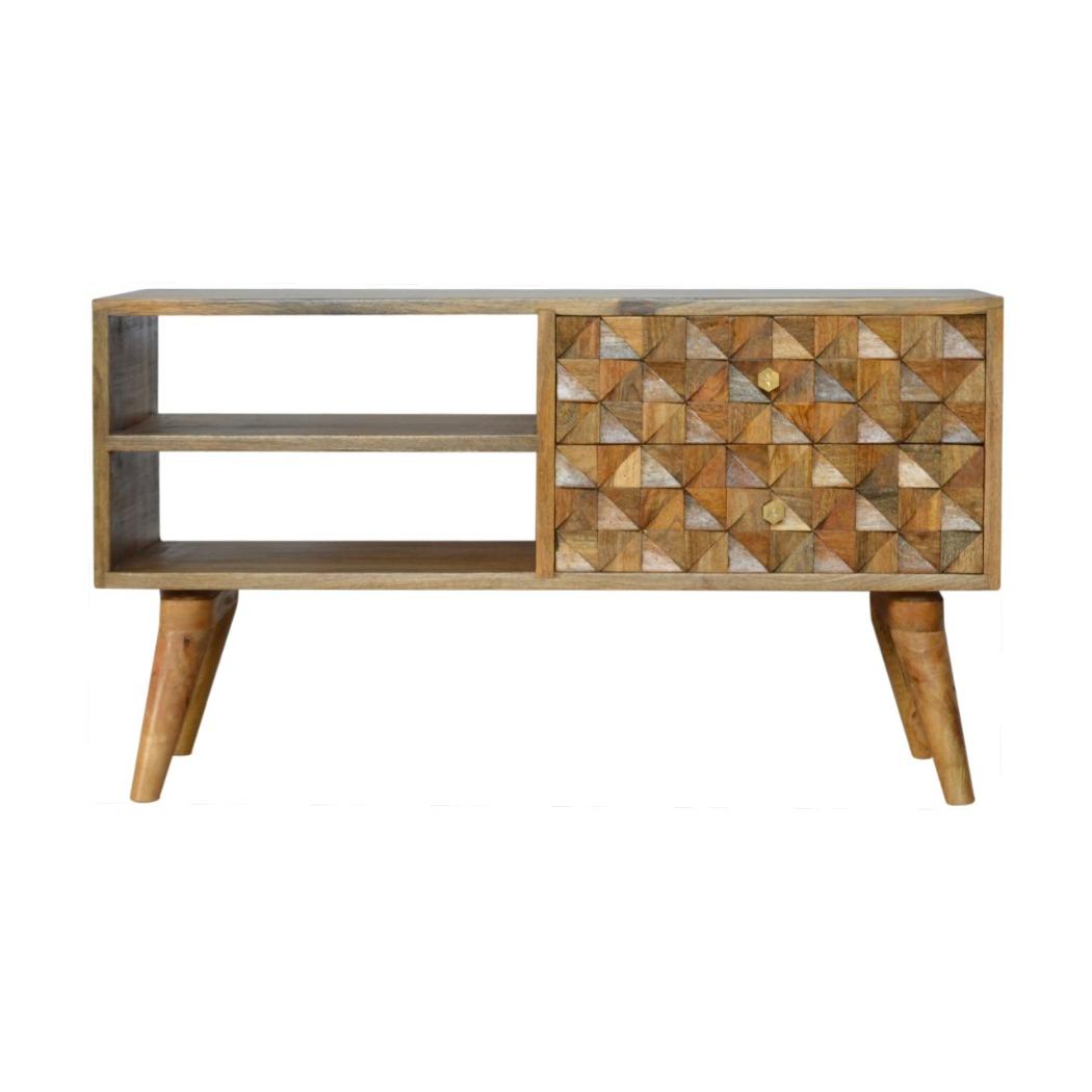 Diamond Carved Oak-ish Media Unit | Geometric Detail | Living Room Furniture