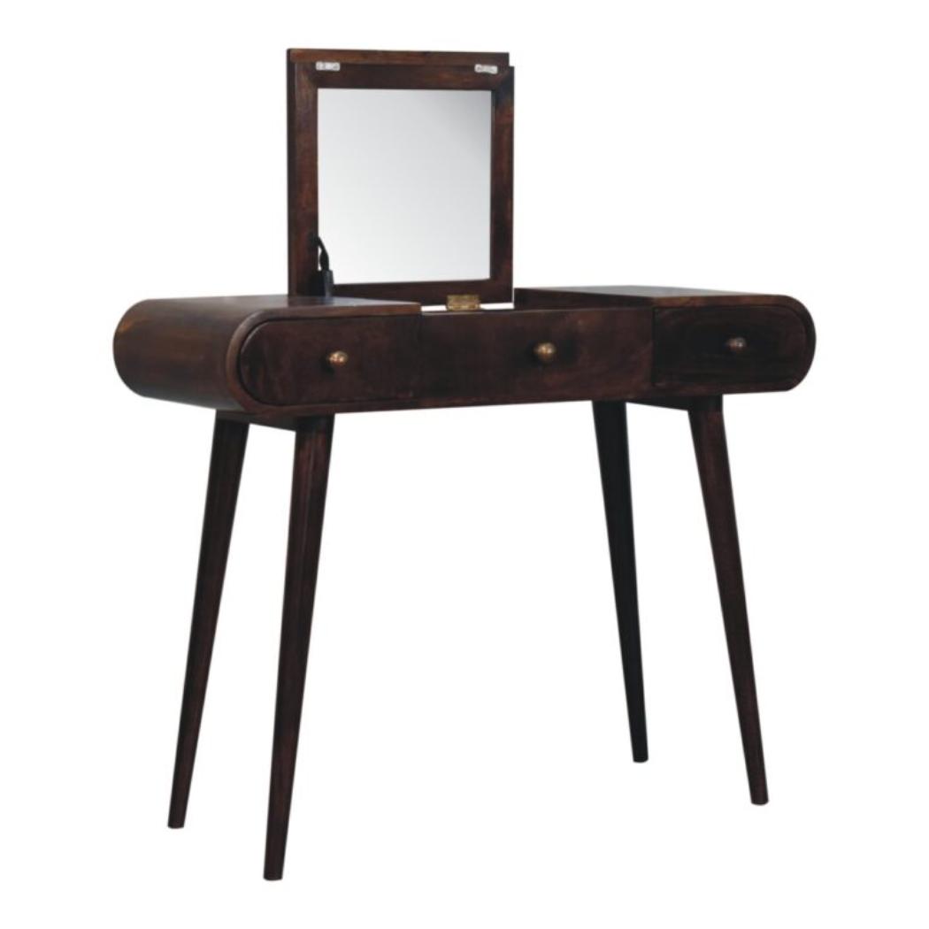 Dressing Table | Solid Mango Wood | California Walnut Finish | Foldable Mirror & 3 Drawer Vanity Desk