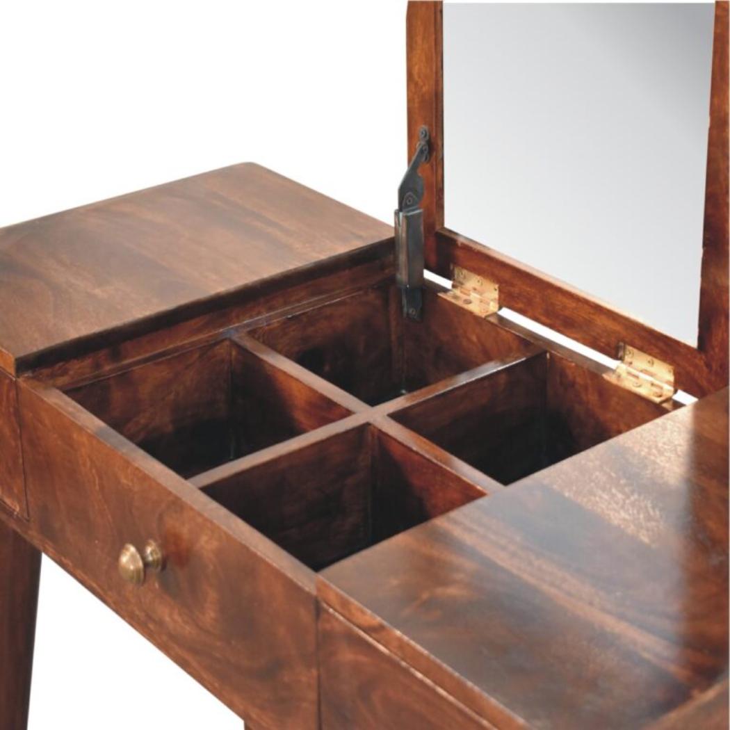 Dressing Table | Solid Mango Wood | California Walnut Finish | Foldable Mirror & 3 Drawer Vanity Desk