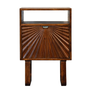 Drew Sunburst Bedside Table | Solid Mango Wood | Chestnut Finish | Door & Shelf