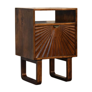 Drew Sunburst Bedside Table | Solid Mango Wood | Chestnut Finish | Door & Shelf