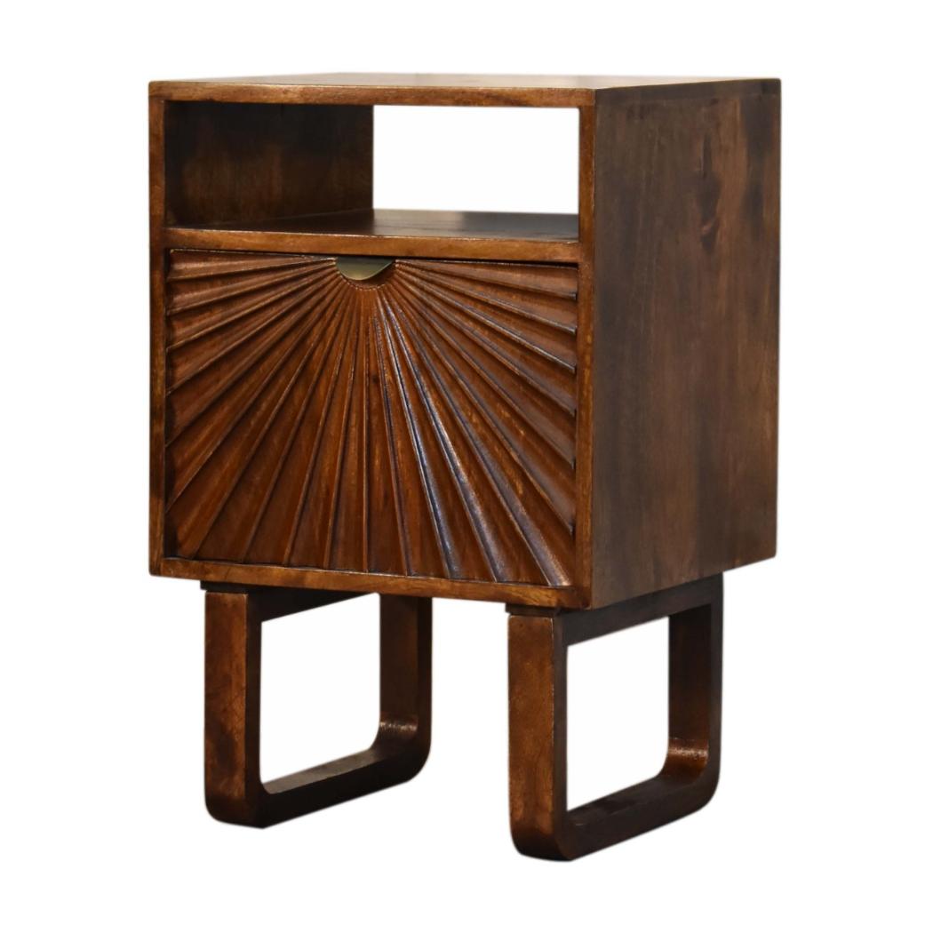 Drew Sunburst Bedside Table | Solid Mango Wood | Chestnut Finish | Door & Shelf
