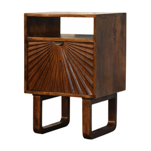 Drew Sunburst Bedside Table | Solid Mango Wood | Chestnut Finish | Door & Shelf