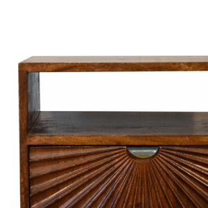 Drew Sunburst Bedside Table | Solid Mango Wood | Chestnut Finish | Door & Shelf