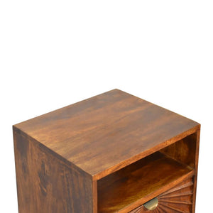 Drew Sunburst Bedside Table | Solid Mango Wood | Chestnut Finish | Door & Shelf
