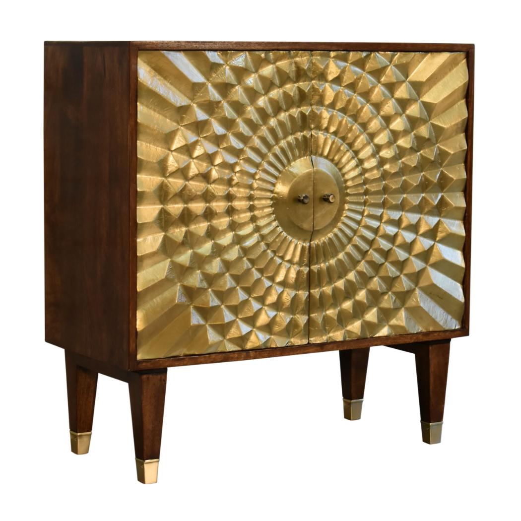 Eden Brass Pattern Cabinet | Solid Mango Wood | Chestnut Finish | 2 Doors