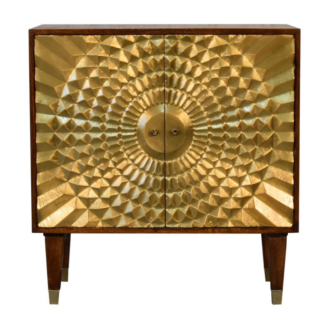 Eden Brass Pattern Cabinet | Solid Mango Wood | Chestnut Finish | 2 Doors