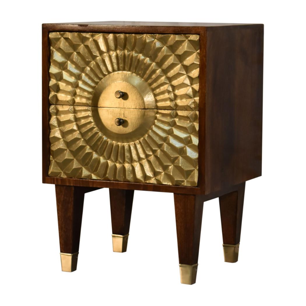 Eden Mini Bedside Table | Solid Mango Wood | Chestnut Finish | Brass Drawer