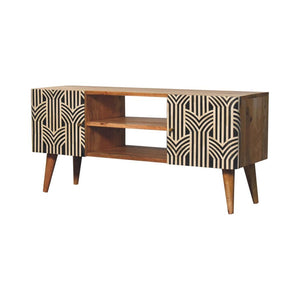 Edessa Media Unit | Solid Mango Wood | Oak-Ish Finish | Bone Inlay Cabinet Doors
