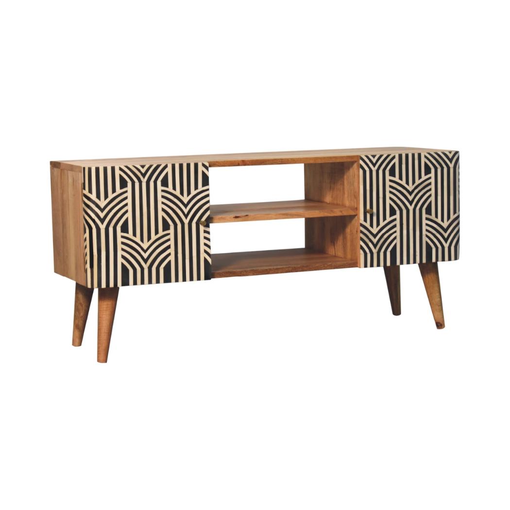 Edessa Media Unit | Solid Mango Wood | Oak-Ish Finish | Bone Inlay Cabinet Doors