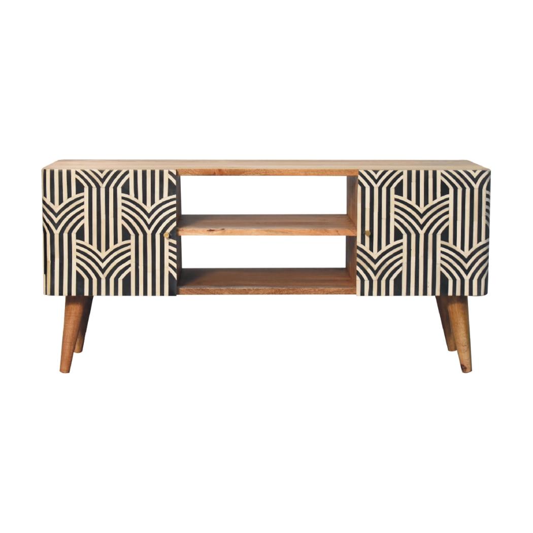 Edessa Media Unit | Solid Mango Wood | Oak-Ish Finish | Bone Inlay Cabinet Doors
