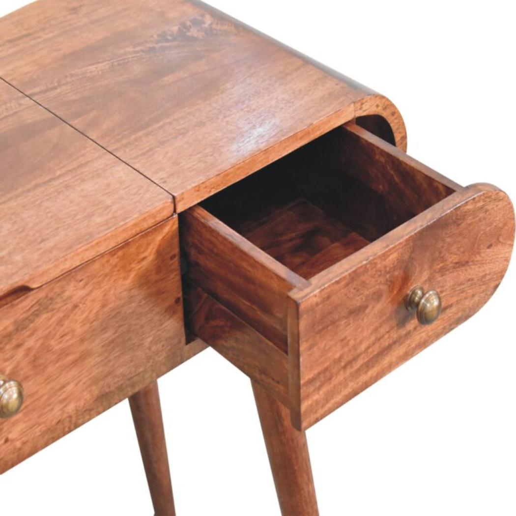 Elara Dressing Table | Solid Mango Wood | Honey Caramel Finish | 3 Drawers with Fold-Up Mirror