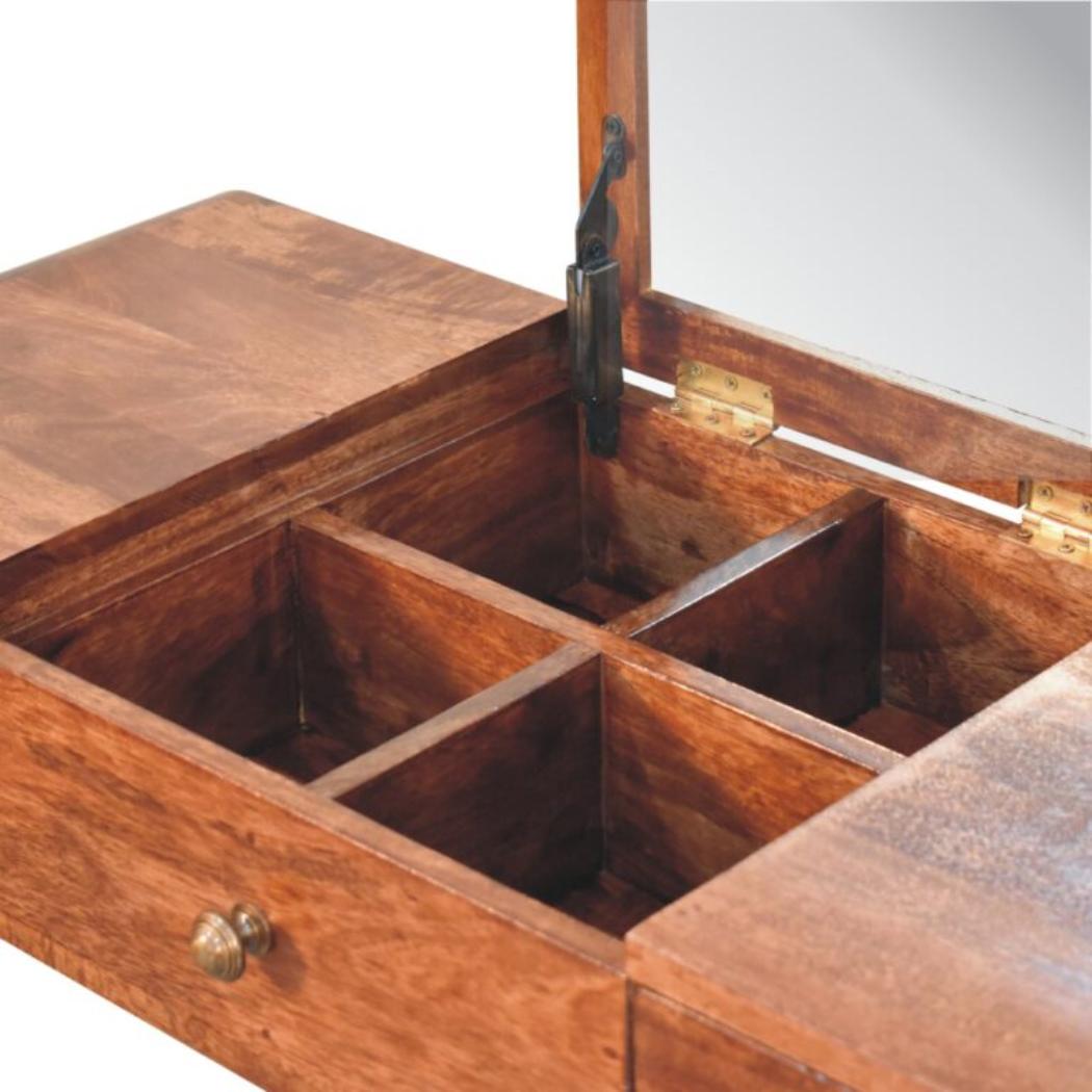 Elara Dressing Table | Solid Mango Wood | Honey Caramel Finish | 3 Drawers with Fold-Up Mirror