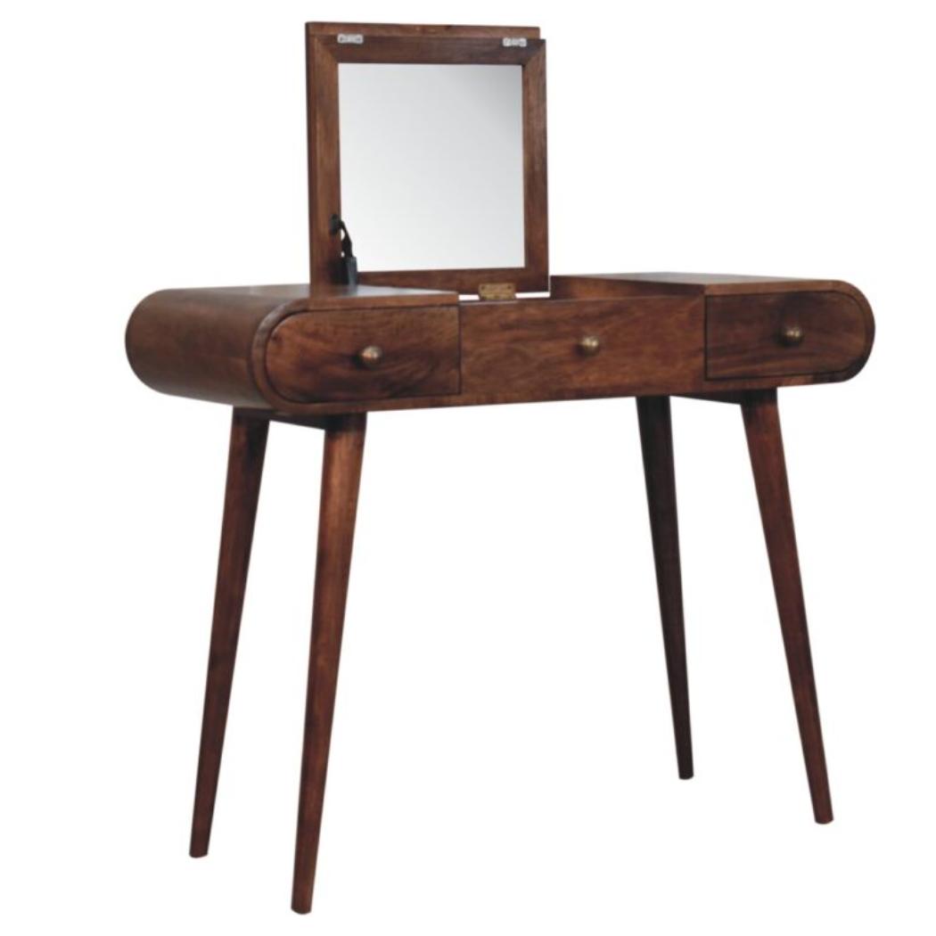 Elara Dressing Table | Solid Mango Wood | Honey Caramel Finish | 3 Drawers with Fold-Up Mirror