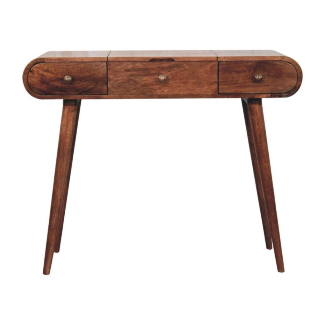 Elara Dressing Table | Solid Mango Wood | Honey Caramel Finish | 3 Drawers with Fold-Up Mirror