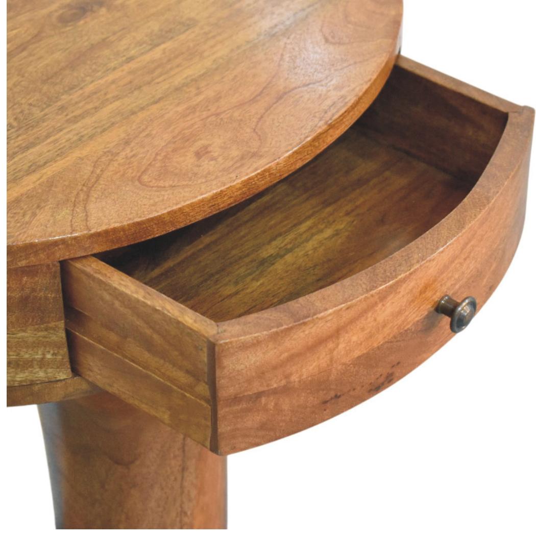 Elara Pedestal Bedside Table | Solid Mango Wood | Curved One Drawer Design | Amber Oak Finish