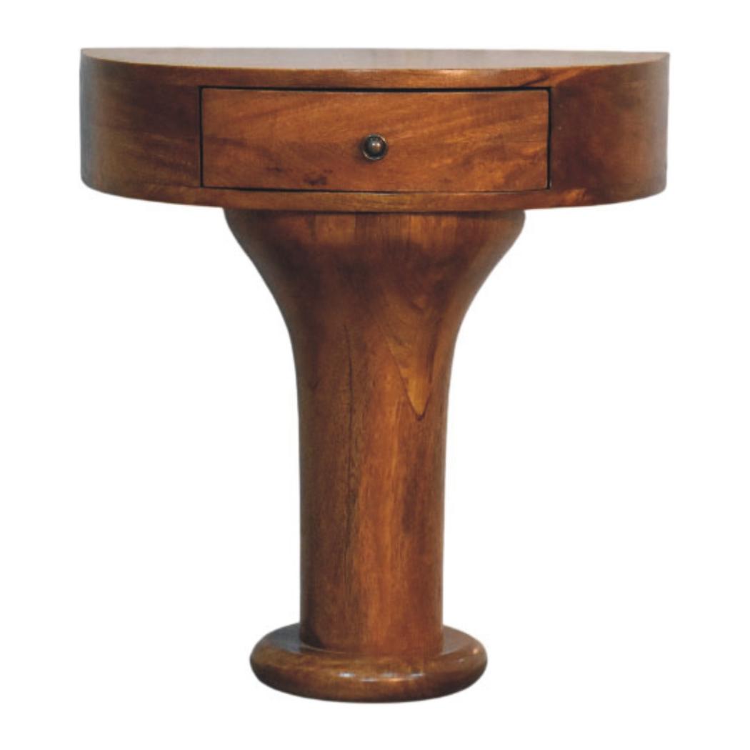 Elara Pedestal Bedside Table | Solid Mango Wood | Curved One Drawer Design | Amber Oak Finish