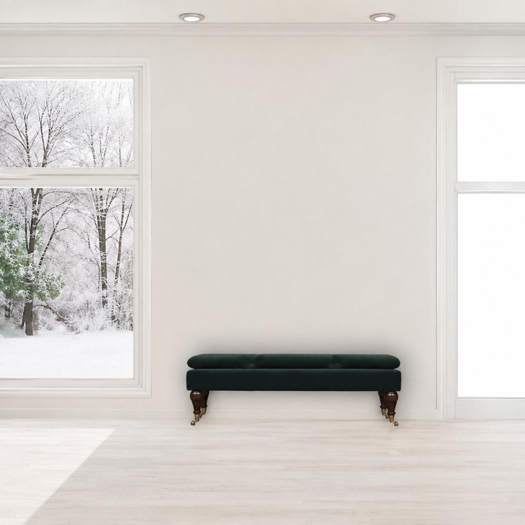 Emerald Velvet Castor Bench | Solid Mango Wood | Button Tufted Upholstery | Classic Seating