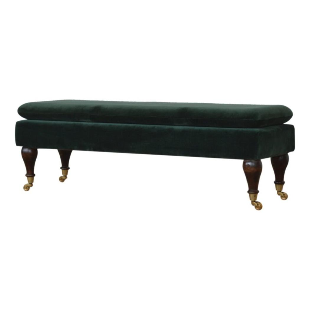 Emerald Velvet Castor Bench | Solid Mango Wood | Button Tufted Upholstery | Classic Seating