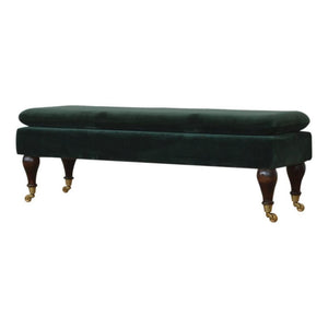 Emerald Velvet Castor Bench | Solid Mango Wood | Button Tufted Upholstery | Classic Seating