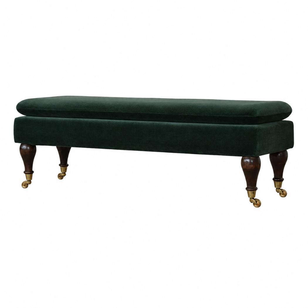 Emerald Velvet Castor Bench | Solid Mango Wood | Button Tufted Upholstery | Classic Seating