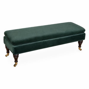 Emerald Velvet Castor Bench | Solid Mango Wood | Button Tufted Upholstery | Classic Seating