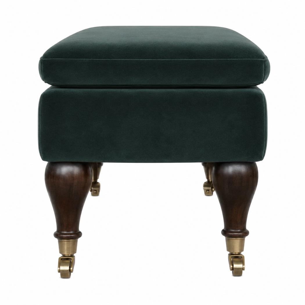 Emerald Velvet Castor Bench | Solid Mango Wood | Button Tufted Upholstery | Classic Seating