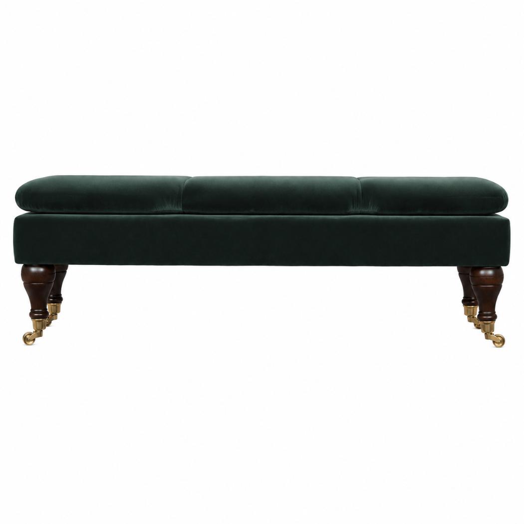 Emerald Velvet Castor Bench | Solid Mango Wood | Button Tufted Upholstery | Classic Seating