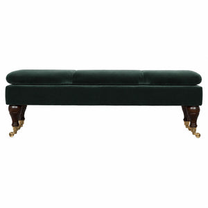 Emerald Velvet Castor Bench | Solid Mango Wood | Button Tufted Upholstery | Classic Seating