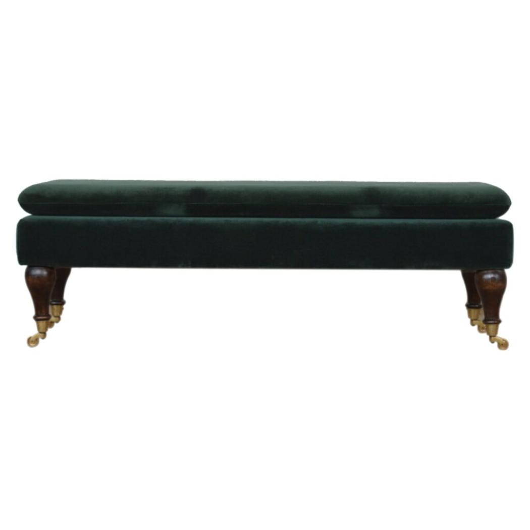 Emerald Velvet Castor Bench | Solid Mango Wood | Button Tufted Upholstery | Classic Seating