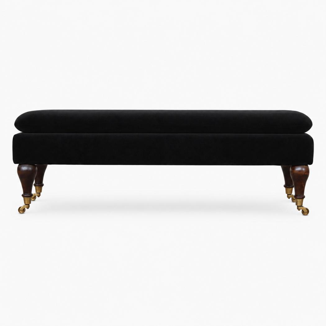 Black Velvet Castor Bench | Solid Mango Wood | Button Tufted Upholstery | Classic Seating