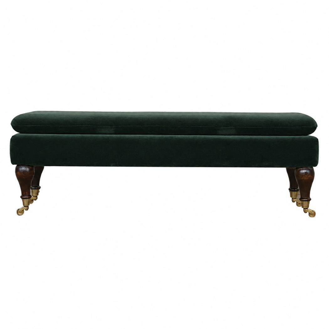 Emerald Velvet Castor Bench | Solid Mango Wood | Button Tufted Upholstery | Classic Seating