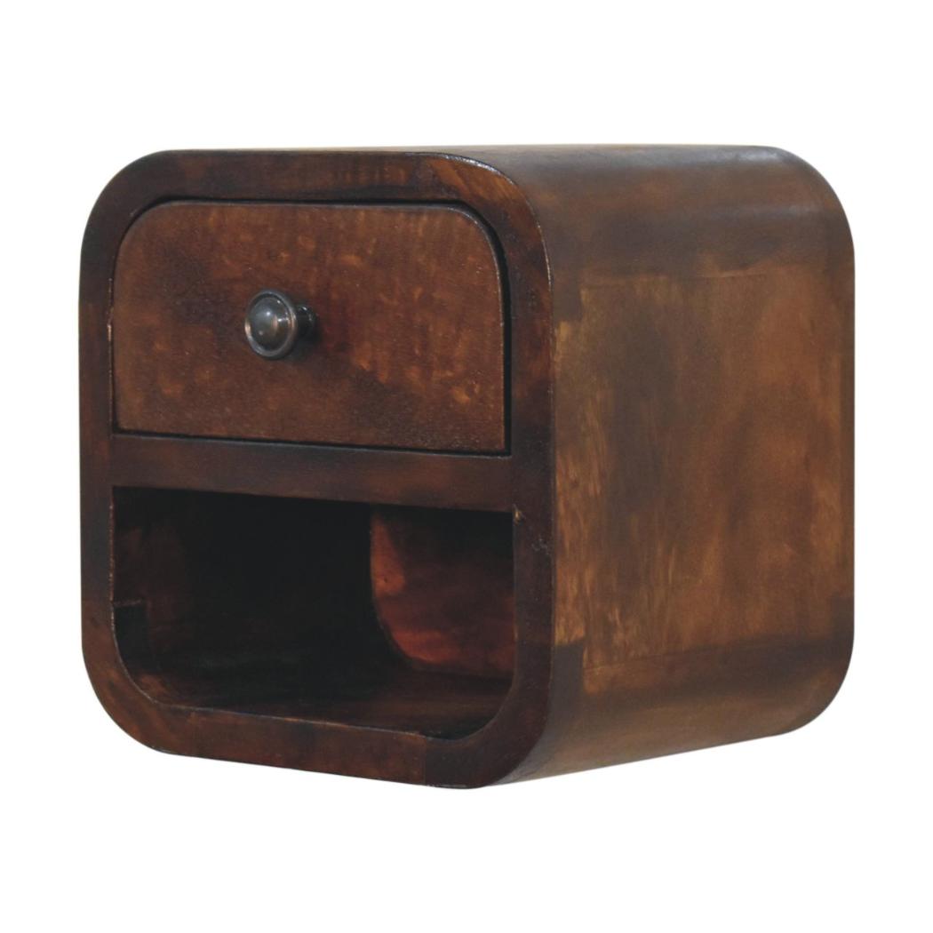 Extra Mini Curved Bedside Table | Chestnut Finish | Open Slot